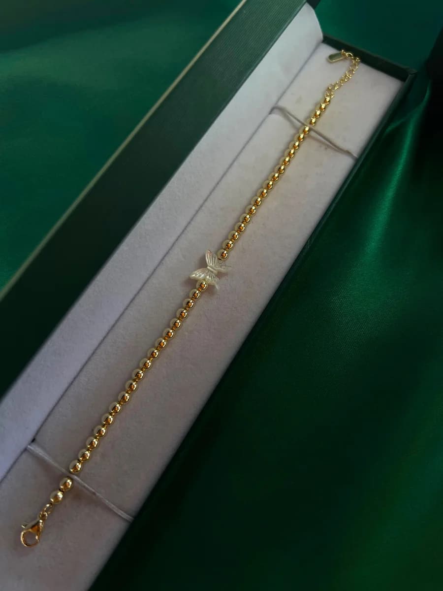 Pulsera Cadena de Bolitas con Mariposa en Chapa de Oro 18k
