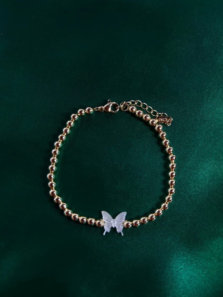Pulsera Cadena de Bolitas con Mariposa en Chapa de Oro 18k — vista 2