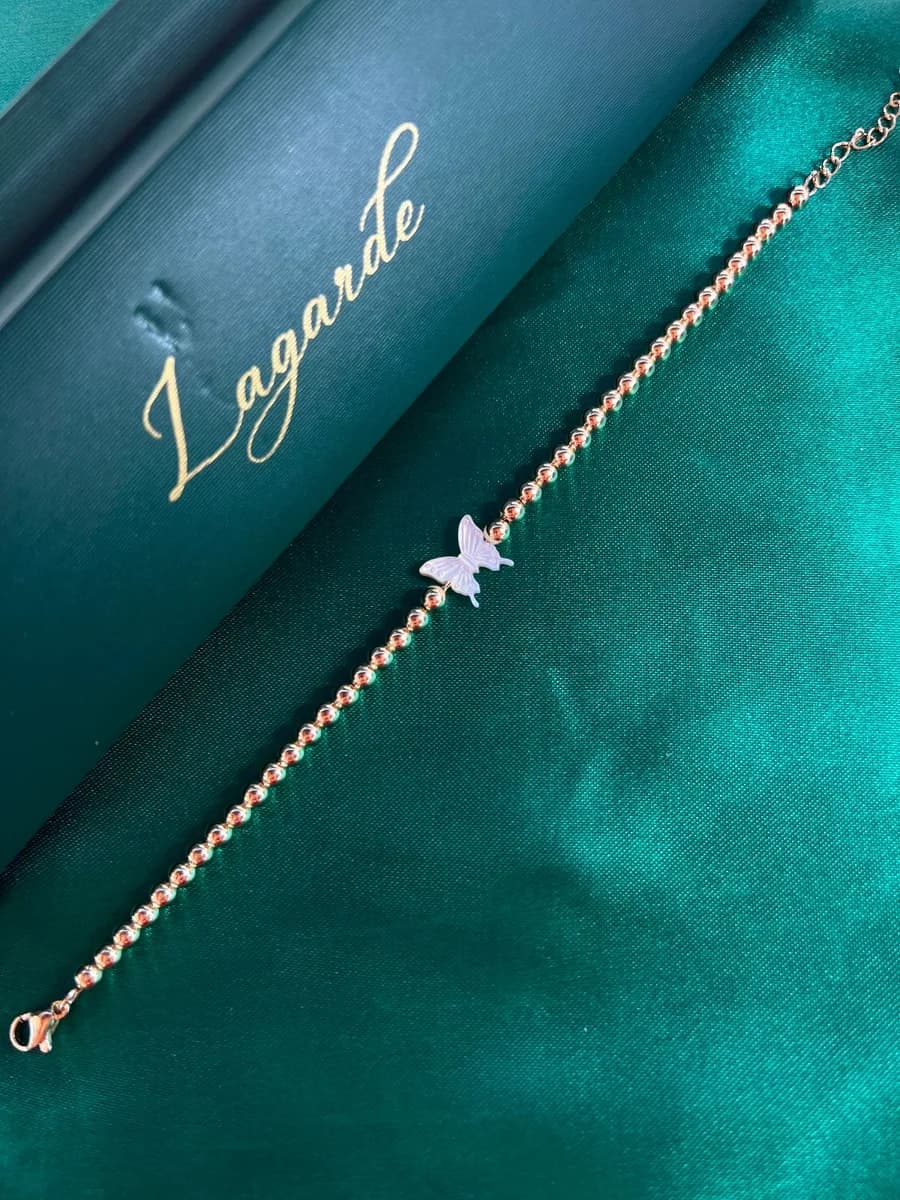 Pulsera Cadena de Bolitas con Mariposa en Chapa de Oro 18k — vista 4
