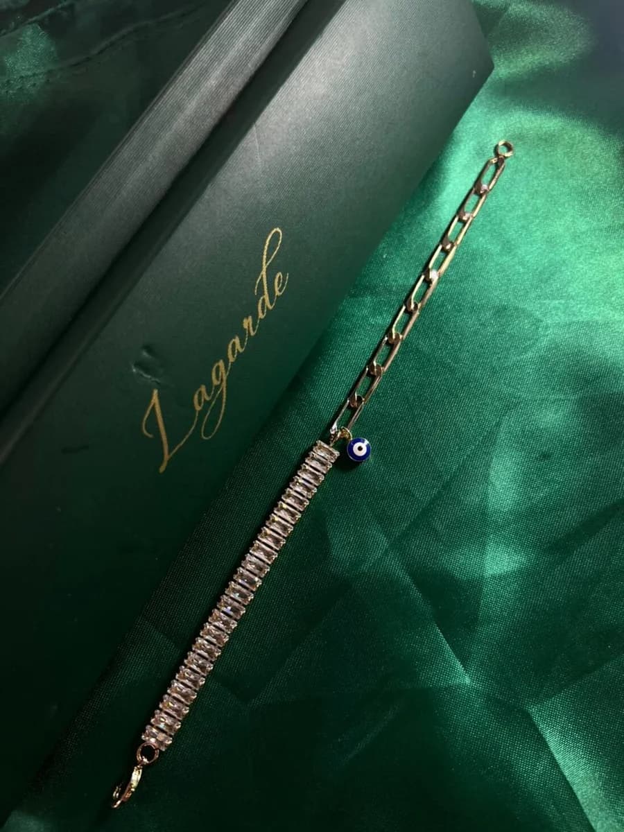 Pulsera Mitad Circonias y Eslabones con Dije Ojo Turco Chapa de Oro 18k — vista 2