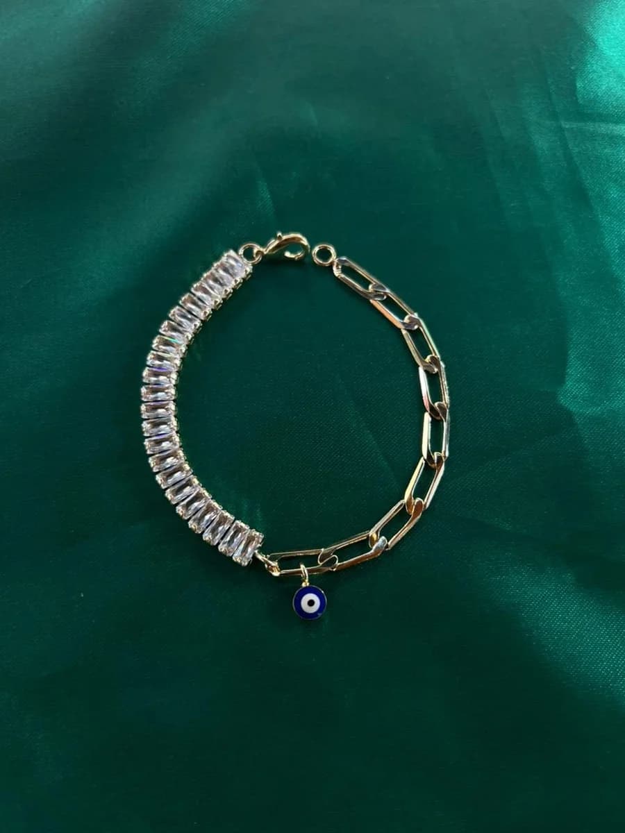 Pulsera Mitad Circonias y Eslabones con Dije Ojo Turco Chapa de Oro 18k — vista 4