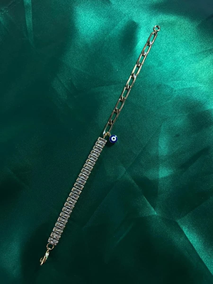 Pulsera Mitad Circonias y Eslabones con Dije Ojo Turco Chapa de Oro 18k — vista 6