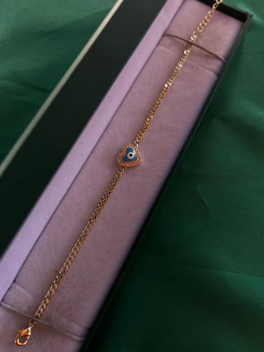 Pulsera Eslabones con Dije Corazón Ojo Turco Chapa de Oro 18k