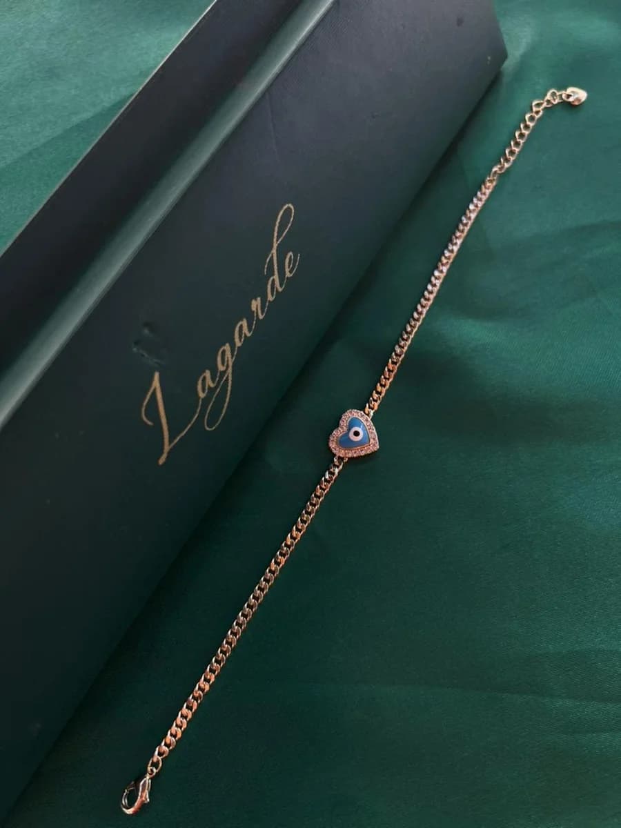 Pulsera Eslabones con Dije Corazón Ojo Turco Chapa de Oro 18k — vista 3