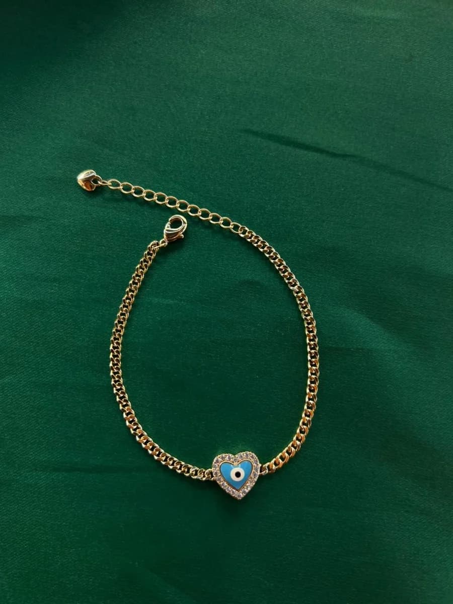 Pulsera Eslabones con Dije Corazón Ojo Turco Chapa de Oro 18k — vista 4
