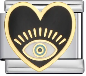Charm Italiano Corazón Ojo Esmaltado Negro Dorado