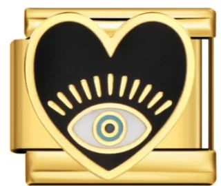 Charm Italiano Corazón con Ojo Esmaltado Negro Dorado