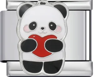 Charm Italiano Panda Abrazando Corazón Rojo Colgante Plateado