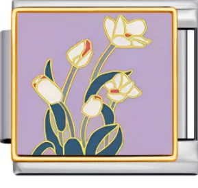 Charm Italiano Flores Blancas Fondo Lila Plateado