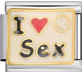Charm Italiano Texto I Love Sex con Corazón Rojo Plateado