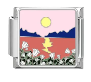 Charm Italiano Paisaje de Atardecer y Flores Plateado