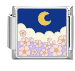 Charm Italiano Noche con Flores Plateado