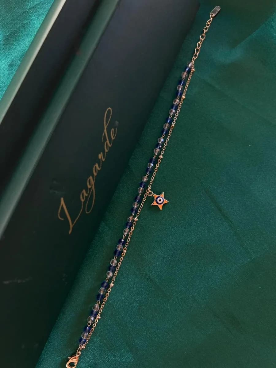 Pulsera Doble con Cuentas Azules y Dije Estrella Chapa de Oro 18k — vista 2