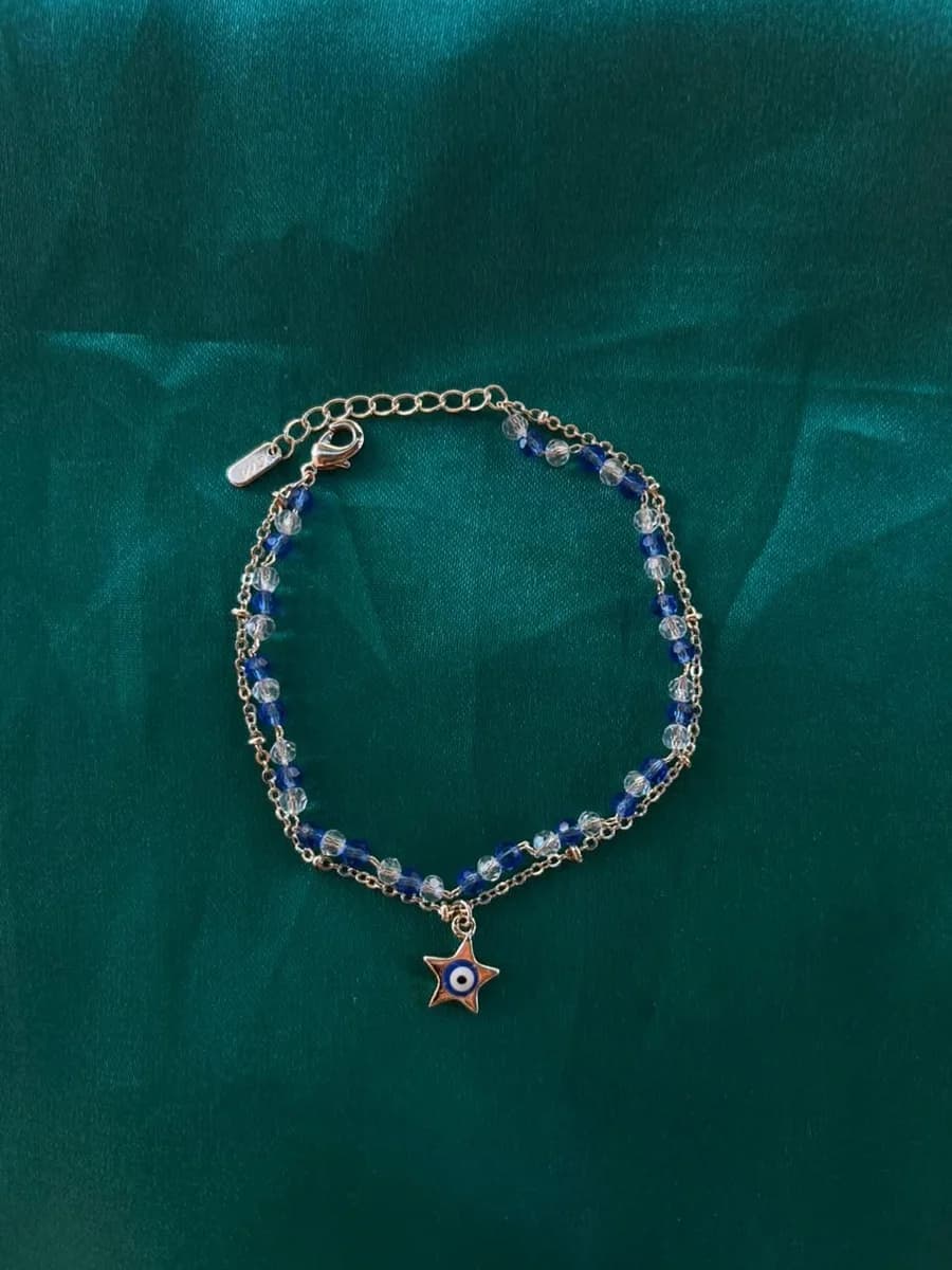 Pulsera Doble con Cuentas Azules y Dije Estrella Chapa de Oro 18k — vista 3