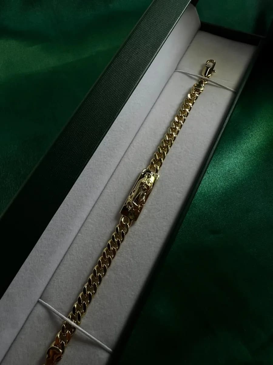 Pulsera Eslabón Cubano con Placa Religiosa Chapa de Oro 18k