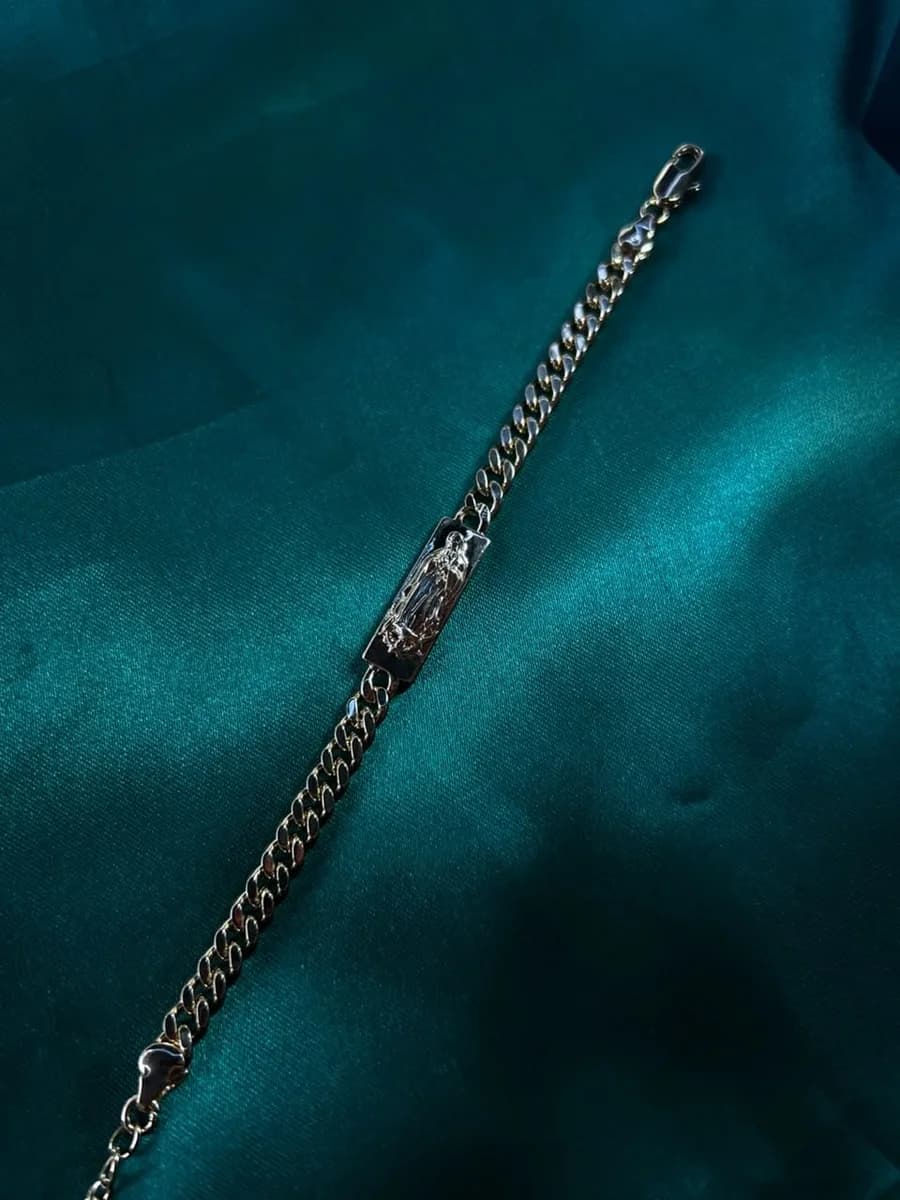 Pulsera Eslabón Cubano con Placa Religiosa Chapa de Oro 18k — vista 3