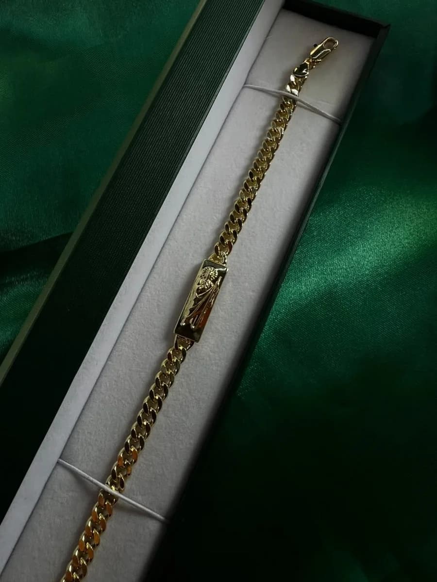 Pulsera Eslabón Cubano con Placa Religiosa Chapa de Oro 18k