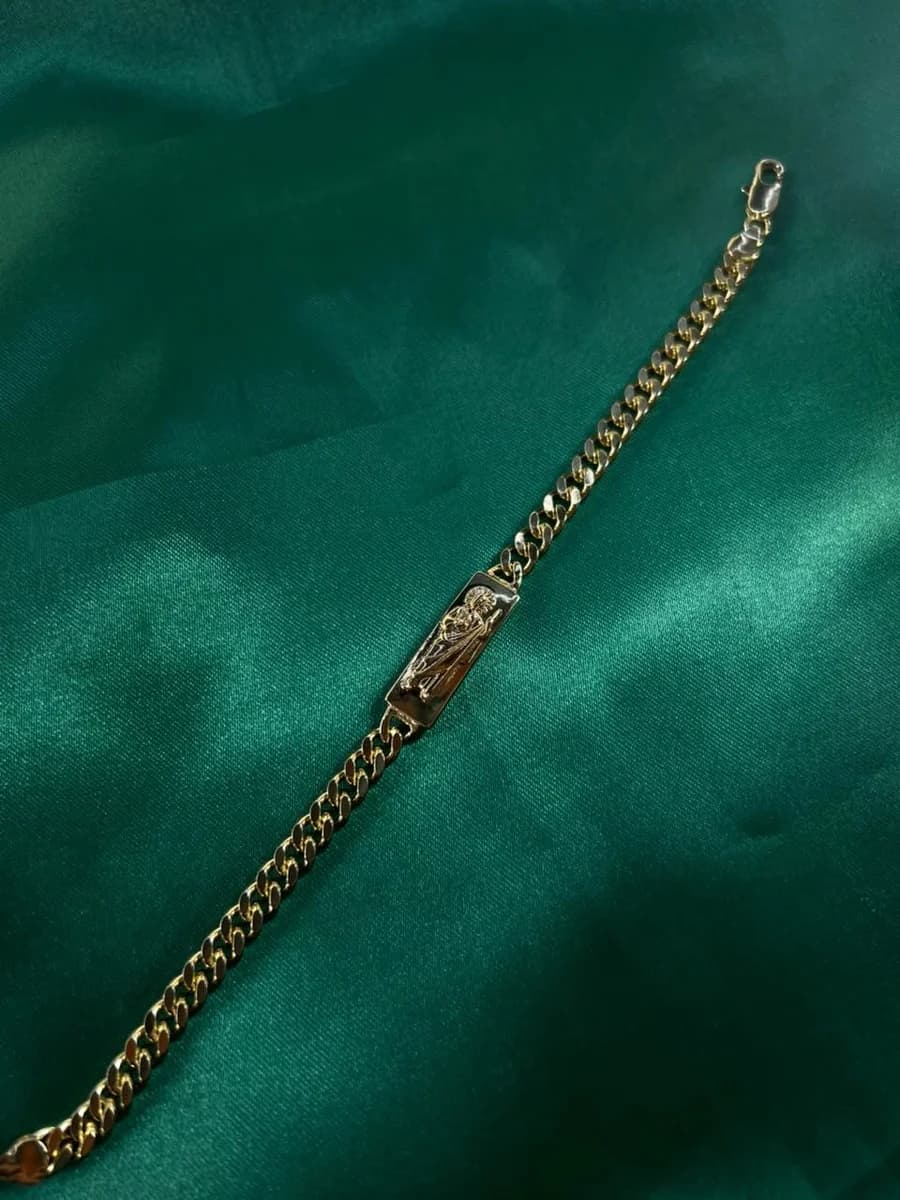 Pulsera Eslabón Cubano con Placa Religiosa Chapa de Oro 18k — vista 2