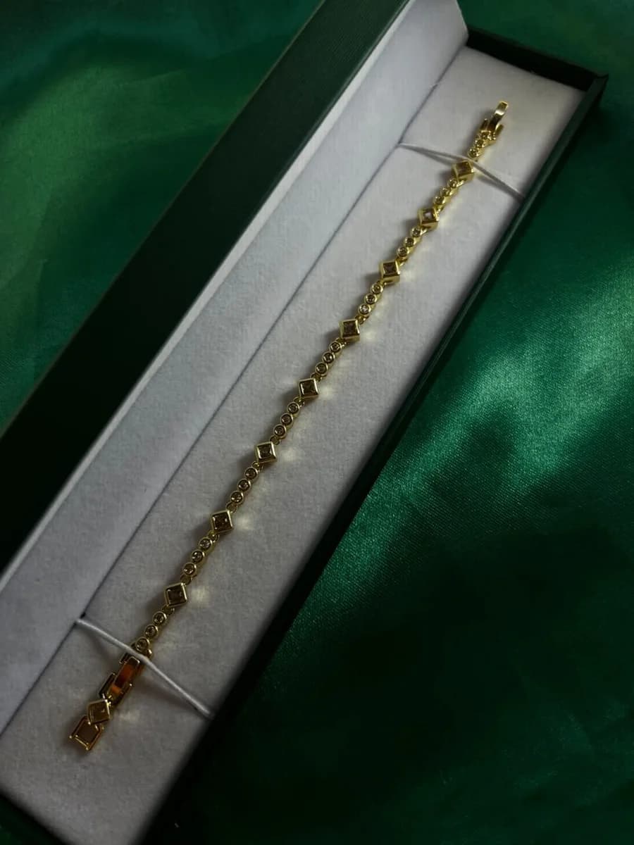 Pulsera Cadena Combinada Rombos Chapa de Oro 18k