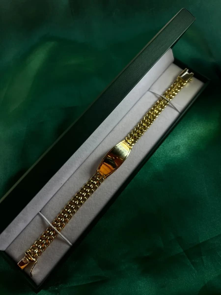 Pulsera Doble Cadena con Placa Pulida Chapa de Oro 18k