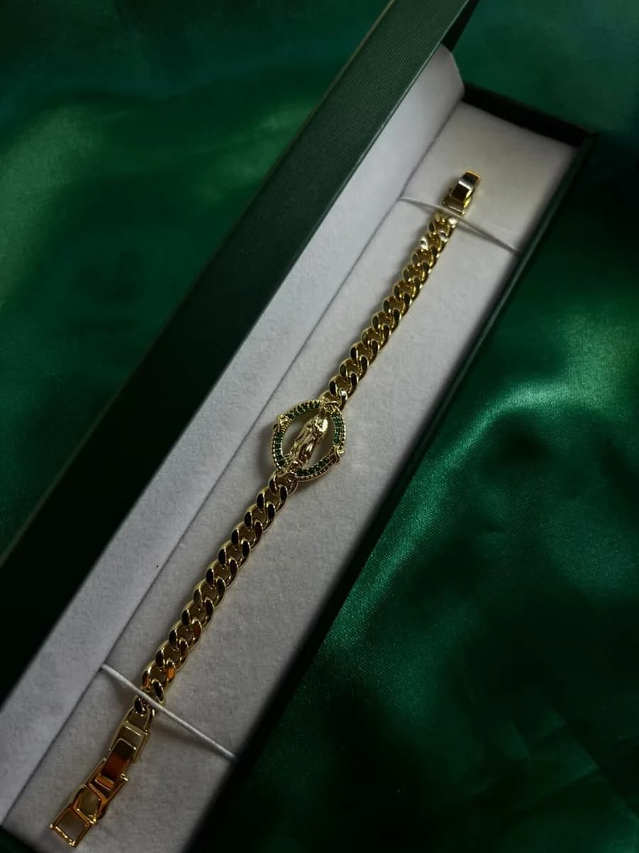 Pulsera Eslabón Cubano con Medalla Círculo Verde Chapa de Oro 18k