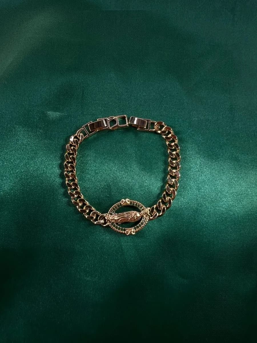 Pulsera Eslabón Cubano con Medalla Círculo Verde Chapa de Oro 18k — vista 3