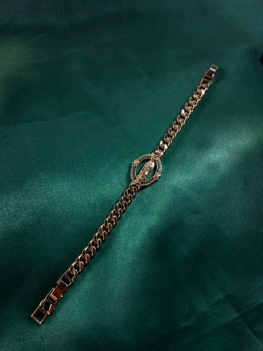 Pulsera Eslabón Cubano con Medalla Círculo Verde Chapa de Oro 18k — vista 4